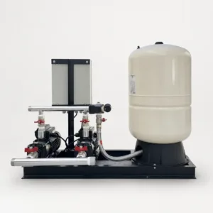 Backside view of Grundfos CM5-4 1.5 HP duty-standby booster pump set with 100 L pressure tank